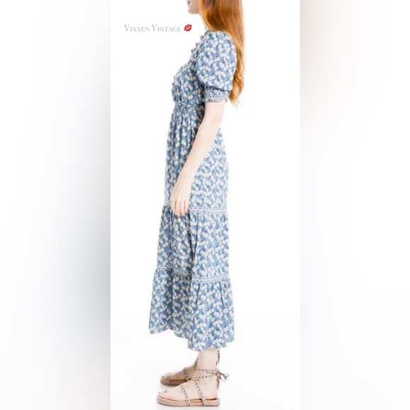 MAX STUDIO FLORAL PRINTED 'RUFFLE BUBBLE SLEEVE TIERED MAXI DRESS' IN PERIWINKLE - Picture 4 of 7